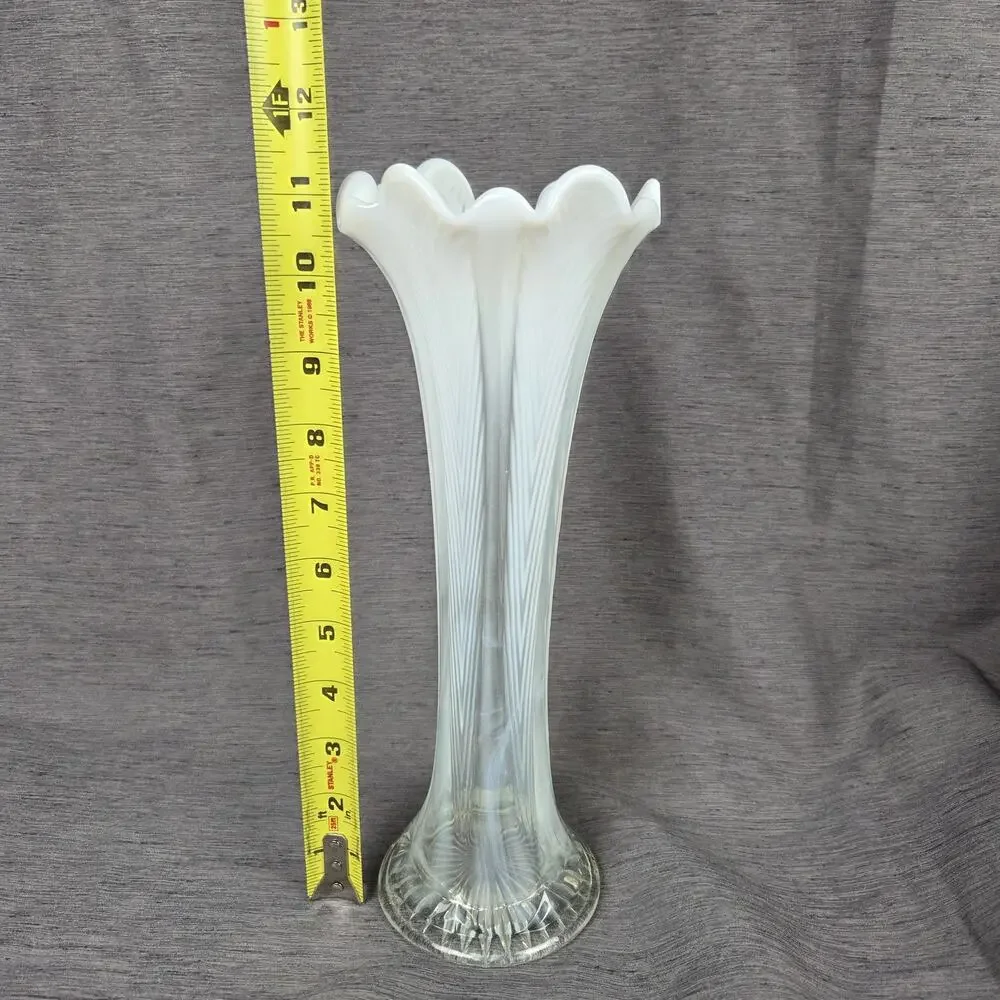 Vintage Fenton Opalescent Vase Strech Glass Swung Feathered White Ruffled 11.5